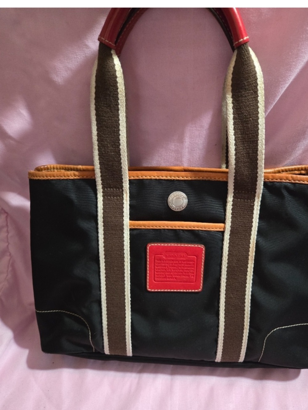 Coach Y2K Black “Inside-Out” Nylon Tote Brown Straps, Red Accents and Tan Trim